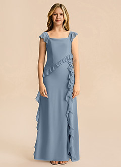 Azazie Aveline Junior A라인 셔링 쉬폰 플로어 길이 주니어 신부 들러리 드레스 image3