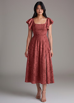 Azazie Bondi Bridesmaid Dresses Terracotta A-Line Ruched Floral Burnout Dress image4