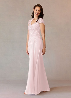 Azazie Junie Mère de la mariée Robes Robe Trapèze en Mousseline de soie Dentelle Rose Pâle image3