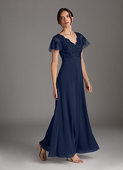Azazie Singer Mother of the Bride Dresses Dark Navy A-Line V-Neck Lace Chiffon Dress image3