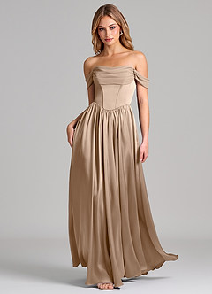 Azazie Raisa Bridesmaid Dresses Taupe A-Line Off the Shoulder Stretch Satin Dress image3