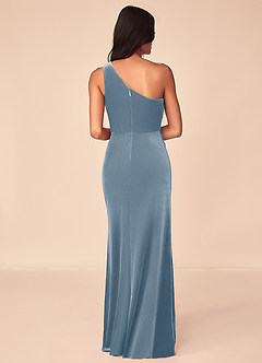 Azazie Argan Bridesmaid Dresses Dusty Blue A-Line One Shoulder Pleated Velvet Dress image2