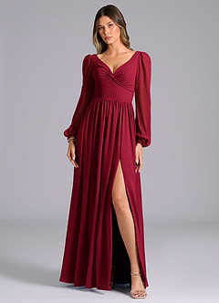 Azazie Zeya Bridesmaid Dresses Burgundy A-Line Long Sleeve Chiffon Dress image4