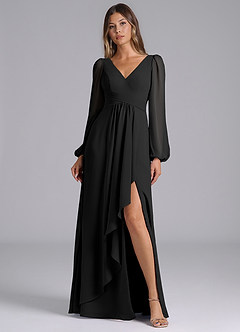 Azazie Liah Bridesmaid Dresses Black A-Line Long Sleeve Chiffon Dress image1