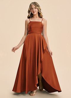Azazie Naveah Junior Cinnamon A-Line Ruched Stretch Satin Dress image3