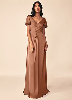 Azazie Soren Bridesmaid Dresses Bronzer A-Line Pleated Stretch Satin Dress image1