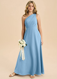 Azazie Phaedra Junior Steel Blue A-Line Pleated Chiffon Dress image8