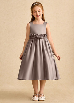 Azazie Peaches Flower Girl Dresses Taupe A-Line Bow Matte Satin Dress image1