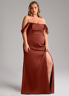 Azazie Saige Bridesmaid Dresses Terracotta Sheath Off the Shoulder Stretch Satin Dress image13