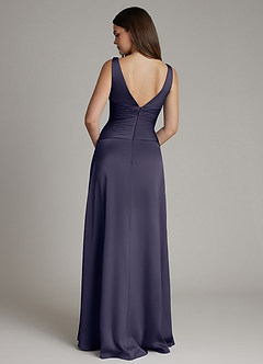 Azazie Pauline Robes de demoiselle d'honneur Robe Trapèze en Satin extensible Plissée Bleu Orageux image2