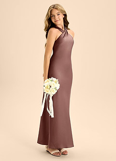 Azazie Doretta Junior Espresso A-Line Pleated Stretch Satin Dress image7
