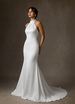 Azazie Tulipa Wedding Dresses Diamond White Sheath High Neck Stretch Satin Dress image3