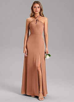 Azazie Tracie At-home Try On Dresses Bronzer A-Line Side Slit Stretch Satin Dress image3