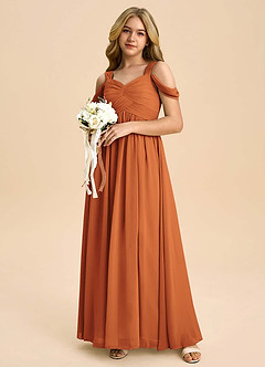 Azazie Lianne Junior Cinnamon A-Line Off the Shoulder Chiffon Dress image1
