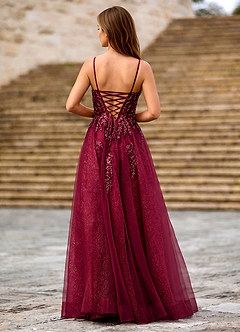 Milliener Burgundy Tulle Flowers Prom Dress image2