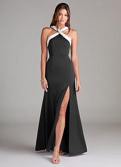 Azazie Rue Bridesmaid Dresses Ivory Black A-Line Pleated Stretch Satin Dress image3