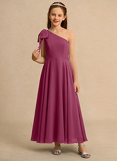 Azazie Guppy Girls Formal Robe Demoiselle D'honneur Fillette Robe Trapèze en Mousseline de soie Une épaule Mûre image3