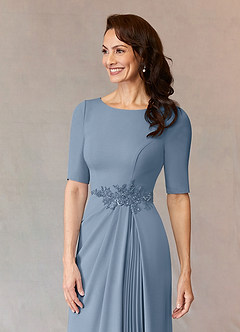 Azazie Joelle At-home Try On Dresses Dusty Blue A-Line Sequins Stretch Crepe Dress image5