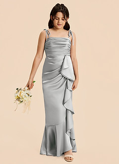 Azazie Ryan Junior Vestido de Plata de Satén Elástico de Corte Recto con Lazo image4