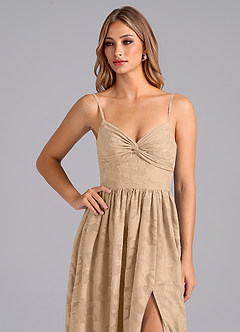 Azazie Zeya Bridesmaid Dresses Champagne A-Line Bow Floral Burnout Dress image2