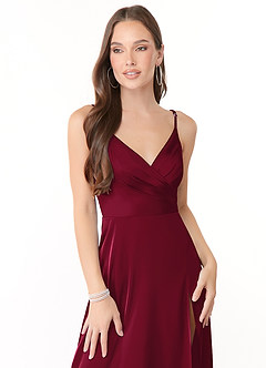 Azazie Dalilah Bridesmaid Dresses Burgundy A-Line V-Neck Pleated Stretch Satin Dress image4
