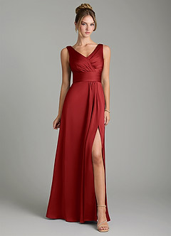 Azazie Karina Bridesmaid Dresses Pomegranate A-Line Pleated Stretch Satin Dress image6