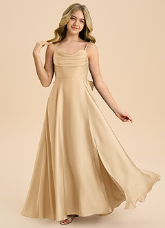 Azazie Bear Junior Vestido de Oro de Satén Elástico de Corte en A con Escote de Corazón image1