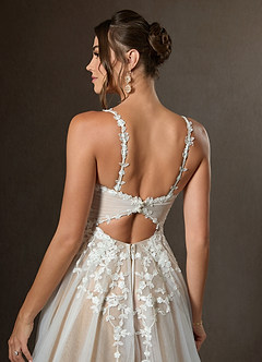 Azazie Devi Wedding Dresses Diamond White Nude A-Line V-Neck Lace Tulle Dress image6