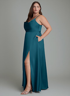 Azazie Sarella Bridesmaid Dresses Ink Blue A-Line Pleated Stretch Satin Dress image11