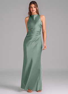 Azazie Evadne Bridesmaid Dresses Silver Sage Sheath Pleated Stretch Satin Dress image3