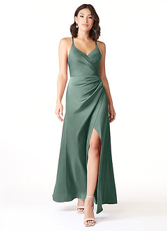 Azazie Geanna Bridesmaid Dresses Eucalyptus Sheath V-Neck Pleated Stretch Satin Dress image1