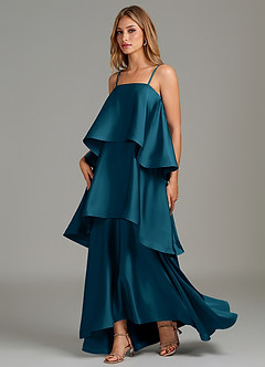 Azazie Azalea Vestidos de damas de honor Vestido Azul Tinta de Satén Elástico de Línea A con Drapeado image3