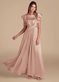 Azazie Daphne Modest Bridesmaid Dresses A-Line Ruched Metallic Satin Floor-Length Dress image1