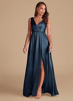 Azazie Tanicia Brautjungfernkleider A-Linie Plissee Metallischer Satin Kleid Dunkelmarine image3