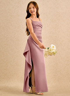 Azazie Cannoli Girls Formal vestidos de niña de las flores Vestido de Rosa Polvorienta de Satén Elástico de Corte en A con Plisado image5