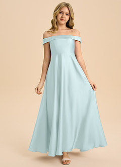 Azazie Sissy Junior Abito A-Line in Raso Elasticizzato a Spalla Scoperta Sea Glass image4