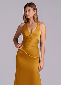 Azazie Amelie Bridesmaid Dresses Butterscotch A-Line Pleated Stretch Satin Dress image6