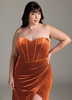 Azazie Jas Bridesmaid Dresses Burnt Orange Sheath Off-The-Shoulder Corset Velvet Convertible Dress image19