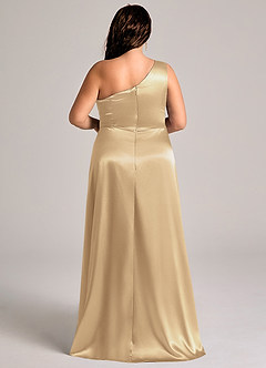 Azazie Brooke Bridesmaid Dresses Champagne A-Line One Shoulder Metallic Satin Dress image2