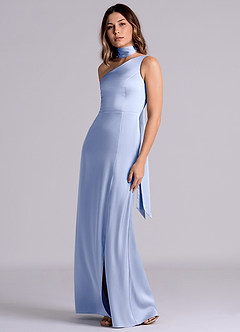 Azazie Philana 신부 들러리 드레스 A라인 한쪽 어깨 스트레치 새틴 바닥 길이 드레스 image6