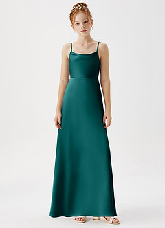 Azazie Shale Junior Robe Trapèze en Satin extensible Paon image6