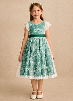 Azazie Maisie Flower Girl Dresses Ivory Emerald A-Line Lace Dress image3