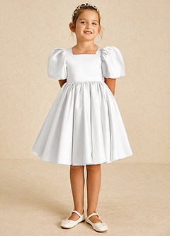 Azazie Muffin Flower Girl Dresses White A-Line with Sleeves Matte Satin Dress image2