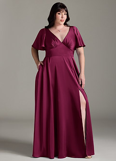 Azazie Kimber Bridesmaid Dresses Red Plum A-Line Ruched Stretch Satin Dress image9