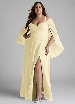 Azazie Cienna Vestidos de damas de honor Vestido de Sorbete De Limón de Gasa de Corte en A con Manga larga image7