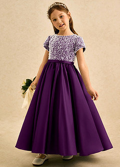 Azazie Cashew Flower Girl Dresses Grape Ball-Gown with Sleeves Matte Satin Dress image3