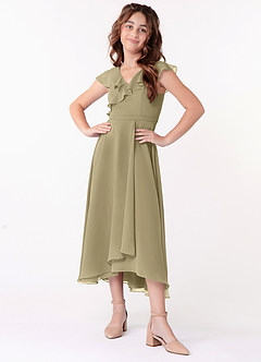 Azazie Posie Junior Moss Green A-Line Ruched Chiffon Dress image1