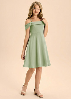 Azazie Anselie Junior Jurk van Stretch Satijn met A-Lijn Geplooid Stoffige Salie image6