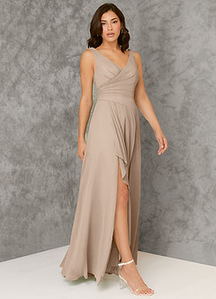 Azazie Kori Bridesmaid Dresses Taupe A-Line Pleated Chiffon Dress image1