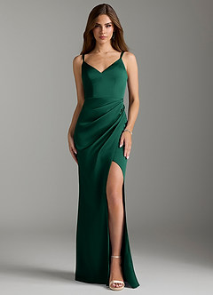 Azazie Leo Bridesmaid Dresses Emerald Sheath Pleated Stretch Satin Dress image1
